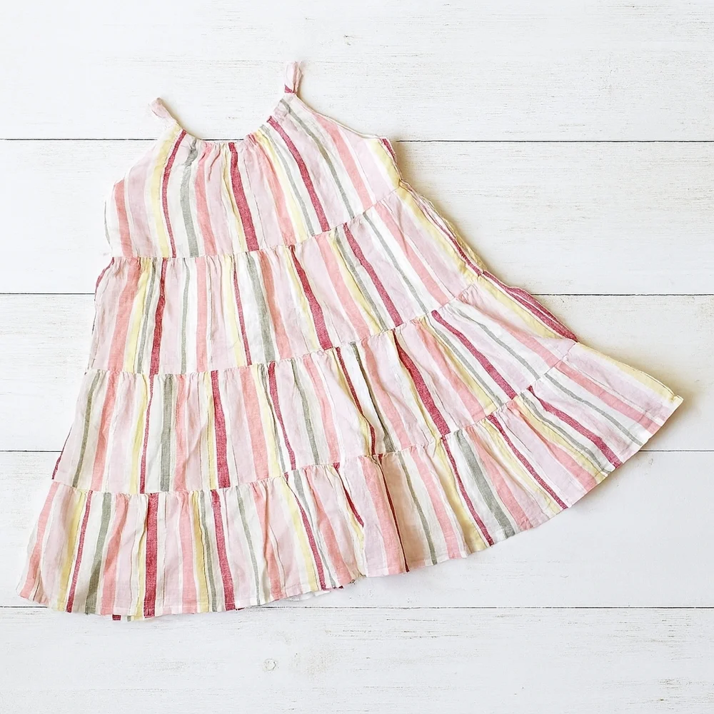 Gymboree 4T Girls Linen Cotton Striped Sundress Gold Metallic Thread Lined